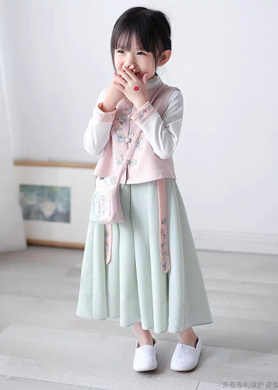 Lovely Pink Stand Collar Girls Waistcoat And Chiffon Long Dress Two Pieces Set Spring