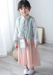 Lovely Pink Stand Collar Girls Waistcoat And Chiffon Long Dress Two Pieces Set Spring