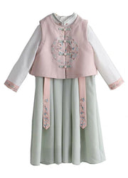 Lovely Pink Stand Collar Girls Waistcoat And Chiffon Long Dress Two Pieces Set Spring