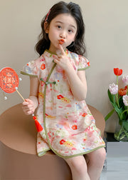 Lovely Pink Stand Collar Patchwork Kids Mid Dresses Short Sleeve