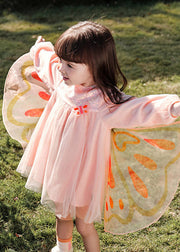 Lovely Pink Wrinkled Patchwork Butterfly Tulle Girls Holiday Long Dress Spring