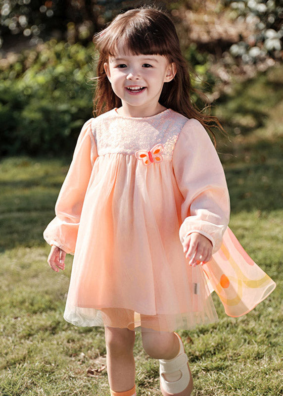 Lovely Pink Wrinkled Patchwork Butterfly Tulle Girls Holiday Long Dress Spring