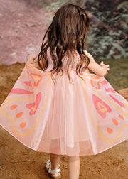 Lovely Pink Wrinkled Patchwork Butterfly Tulle Girls Holiday Long Dress Spring