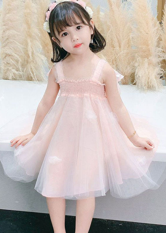 Lovely Pink Wrinkled Patchwork Tulle Kids Girls Dresses Summer