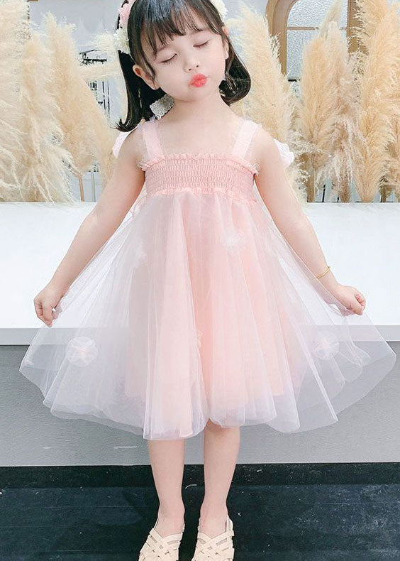 Lovely Pink Wrinkled Patchwork Tulle Kids Girls Dresses Summer