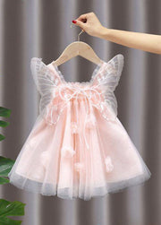 Lovely Pink Wrinkled Patchwork Tulle Kids Girls Dresses Summer