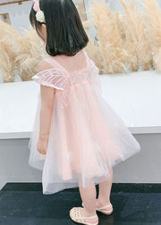 Lovely Pink Wrinkled Patchwork Tulle Kids Girls Dresses Summer