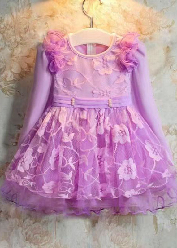 Lovely Purple Embroidered Patchwork Tulle Kids Long Dress Long Sleeve