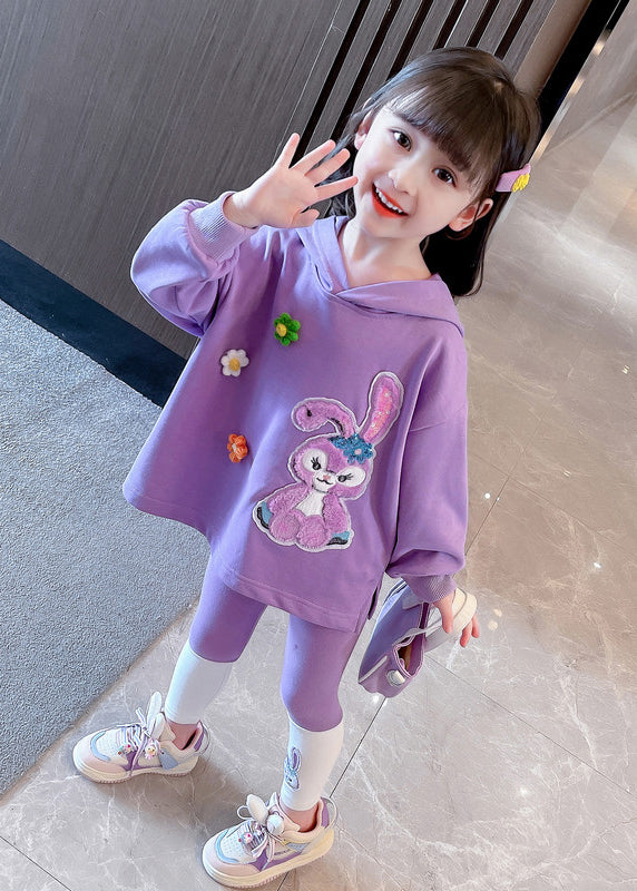 Lovely Purple Hooded Patchwork Cotton Baby Girls Sweatshirt Two Pieces Set Fall