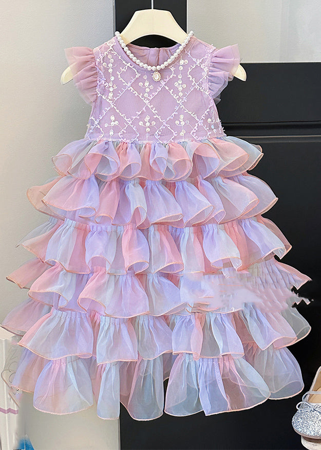 Lovely Purple O-Neck Sequins Patchwork Tulle Kids Long Dress Sleeveless