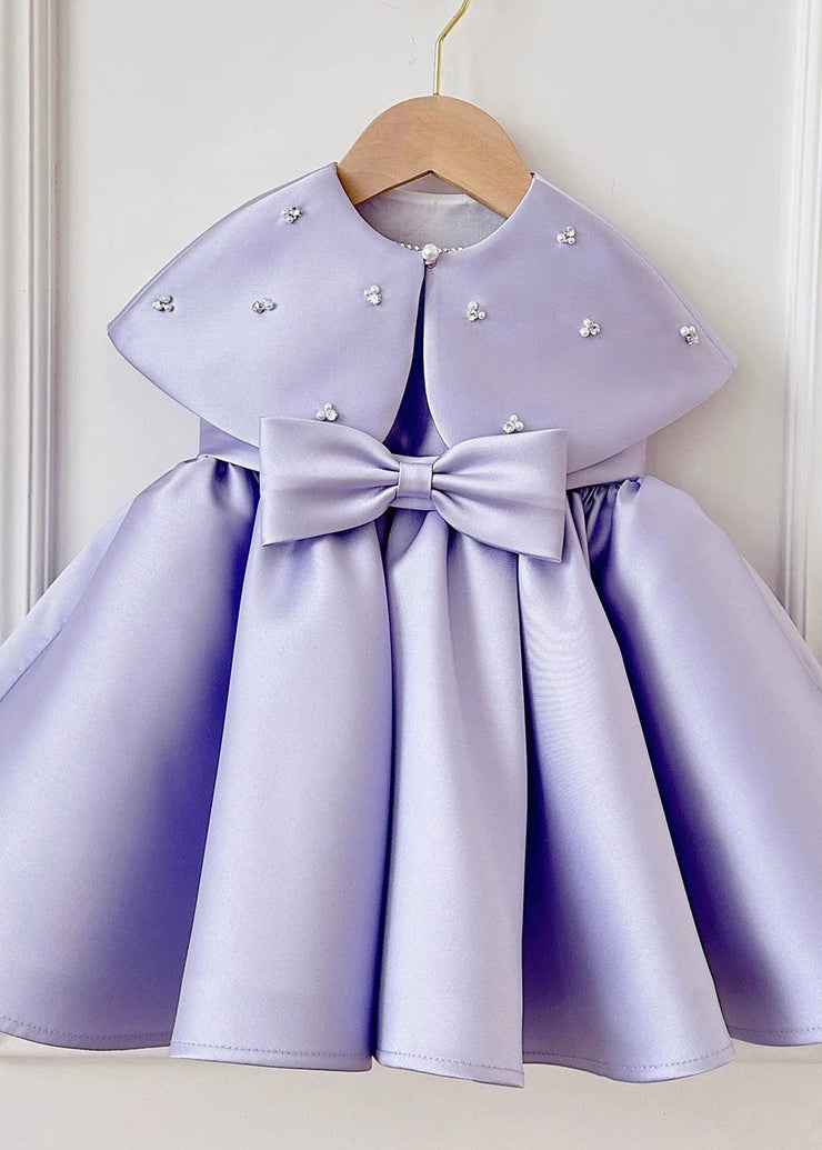 Lovely Purple Rivet Bow Silk Girls Long Dress And Shawl Two Piece Set Summer