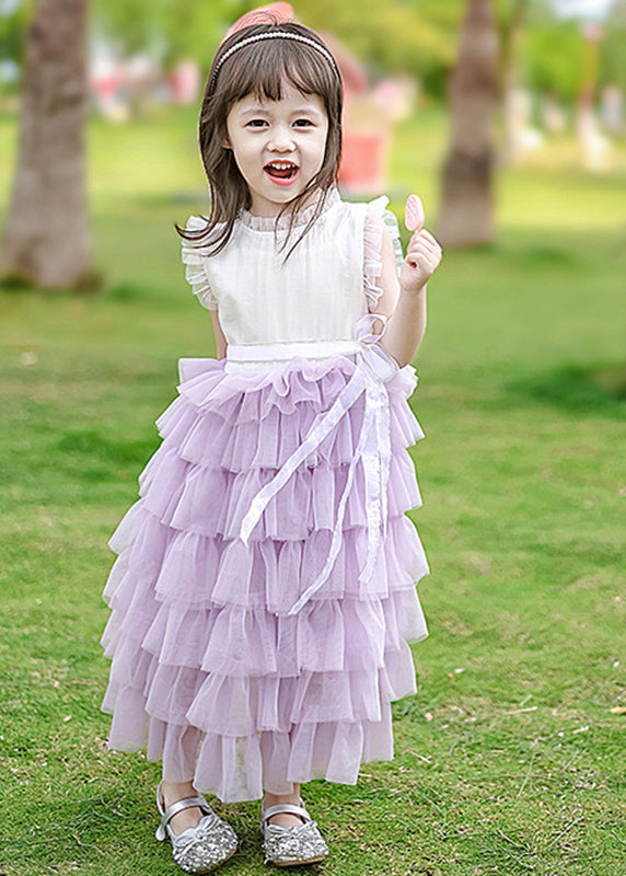 Lovely Purple Ruffled Patchwork Tulle Girls Long Dress Summer