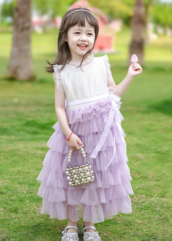 Lovely Purple Ruffled Patchwork Tulle Girls Long Dress Summer