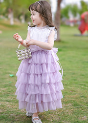 Lovely Purple Ruffled Patchwork Tulle Girls Long Dress Summer