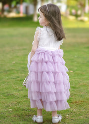 Lovely Purple Ruffled Patchwork Tulle Girls Long Dress Summer