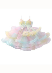 Lovely Rainbow Ruffled Layered Patchwork Tulle Baby Girls Dresses Sleeveless