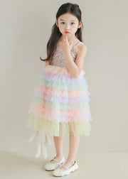 Lovely Rainbow Sequins Tulle Patchwork Girls Spaghetti Strap Dress Sleeveless