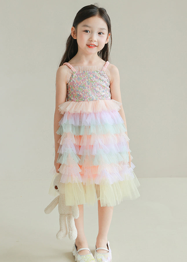 Lovely Rainbow Sequins Tulle Patchwork Girls Spaghetti Strap Dress Sleeveless