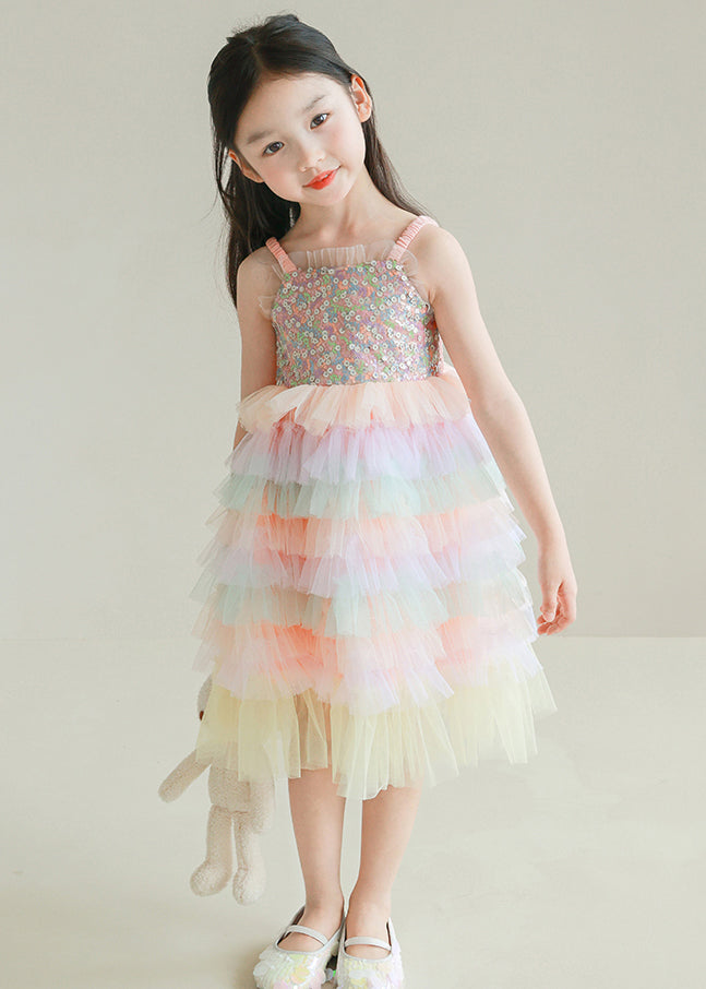 Lovely Rainbow Sequins Tulle Patchwork Girls Spaghetti Strap Dress Sleeveless