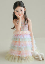 Lovely Rainbow Sequins Tulle Patchwork Girls Spaghetti Strap Dress Sleeveless