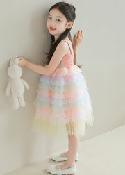 Lovely Rainbow Sequins Tulle Patchwork Girls Spaghetti Strap Dress Sleeveless