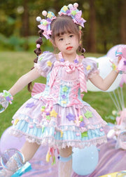 Lovely Rainbow Tulle Patchwork Lace Tie Kids Mid Dress Summer