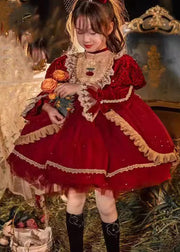 Lovely Red O-Neck Tulle Lace Patchwork Girls Mid Dresses Winter