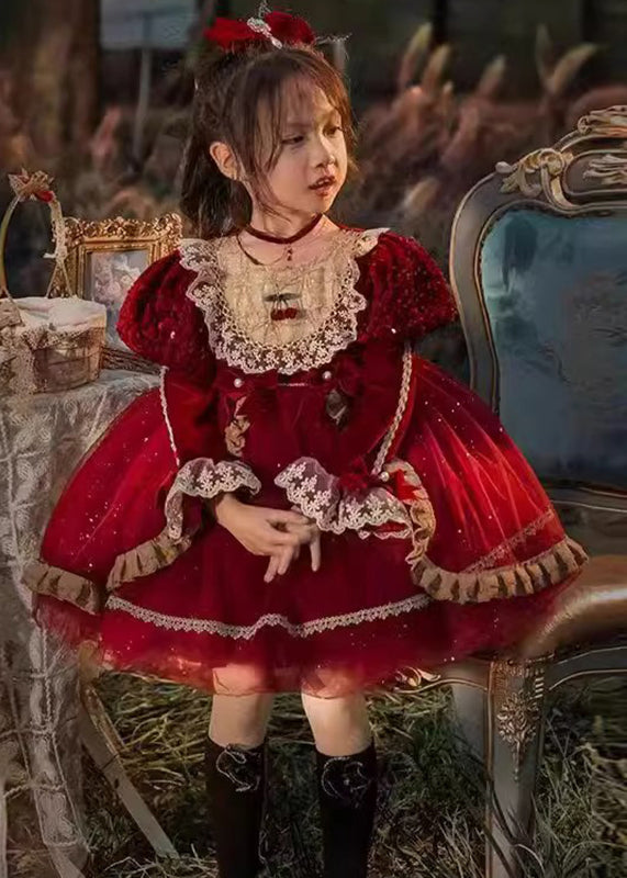 Lovely Red O-Neck Tulle Lace Patchwork Girls Mid Dresses Winter