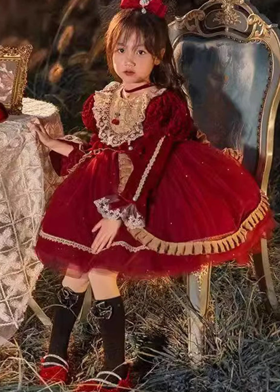 Lovely Red O-Neck Tulle Lace Patchwork Girls Mid Dresses Winter