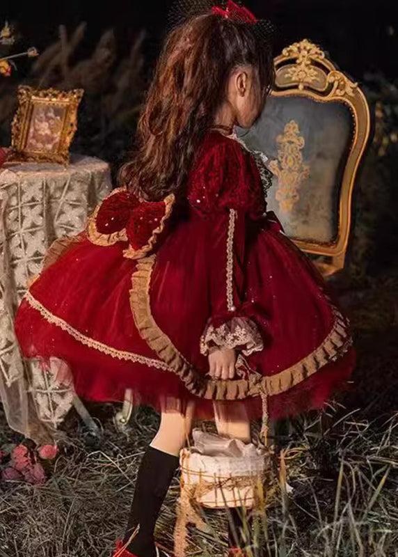 Lovely Red O-Neck Tulle Lace Patchwork Girls Mid Dresses Winter