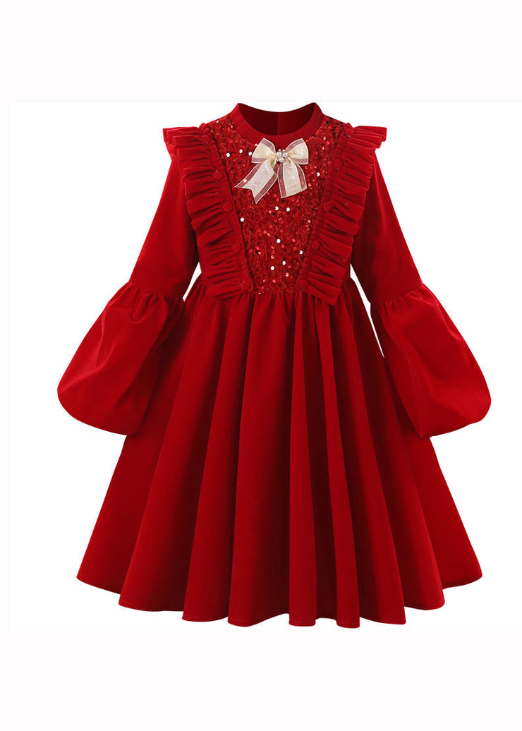 Lovely Red Ruffled Sequins Patchwork Warm Fleece Baby Girls Dress Winter