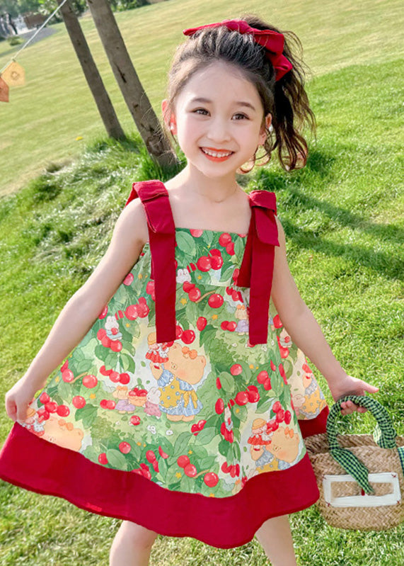 Lovely Red Square Collar Print Kids Spaghetti Strap Mid Dress Summer