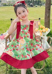 Lovely Red Square Collar Print Kids Spaghetti Strap Mid Dress Summer