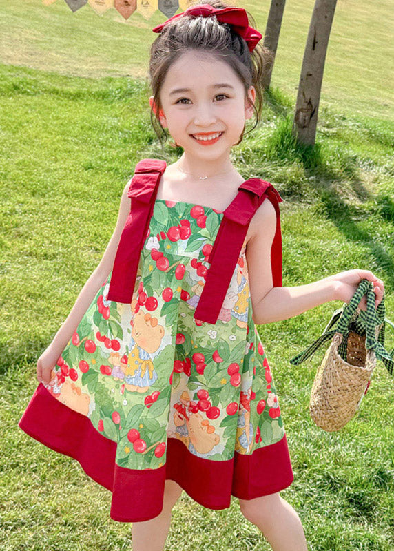 Lovely Red Square Collar Print Kids Spaghetti Strap Mid Dress Summer