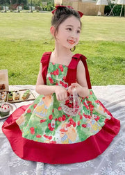 Lovely Red Square Collar Print Kids Spaghetti Strap Mid Dress Summer