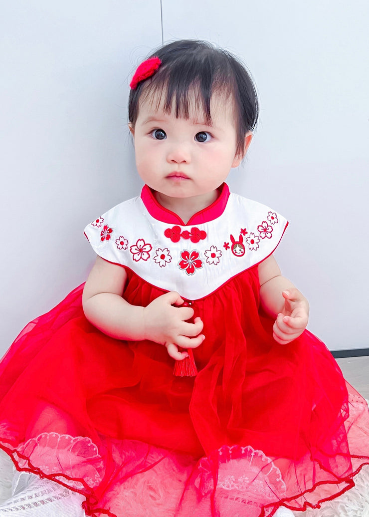 Lovely Red Stand Collar Embroideried Floral Tassel Patchwork Button Tulle Baby Long Dresses Summer