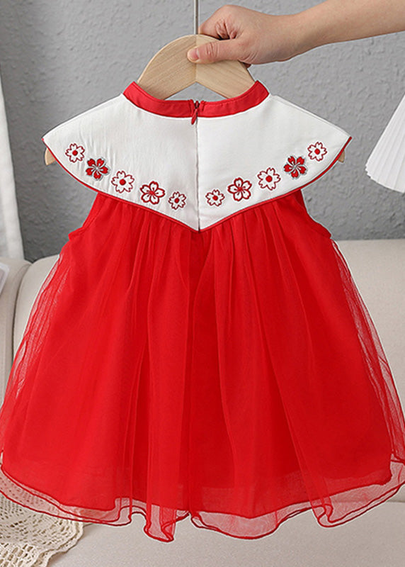 Lovely Red Stand Collar Embroideried Floral Tassel Patchwork Button Tulle Baby Long Dresses Summer