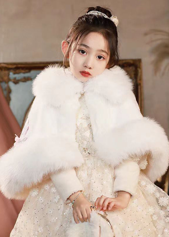 Lovely White Button Fur Collar Girls Fuzzy Fur Cloak Spring