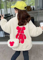 Lovely White Embroidered Pockets Warm Fleece Kids Girls Coats Winter