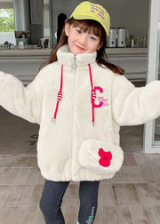 Lovely White Embroideried Pockets Warm Fleece Kids Girls Coats Winter