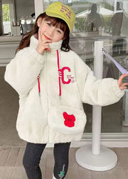 Lovely White Embroidered Pockets Warm Fleece Kids Girls Coats Winter