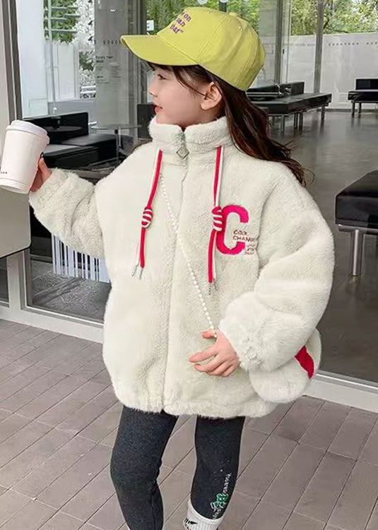 Lovely White Embroidered Pockets Warm Fleece Kids Girls Coats Winter