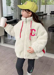 Lovely White Embroideried Pockets Warm Fleece Kids Girls Coats Winter