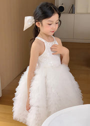 Lovely White Sequins Bow Patchwork Tulle Girls Princess Dresses Sleeveless