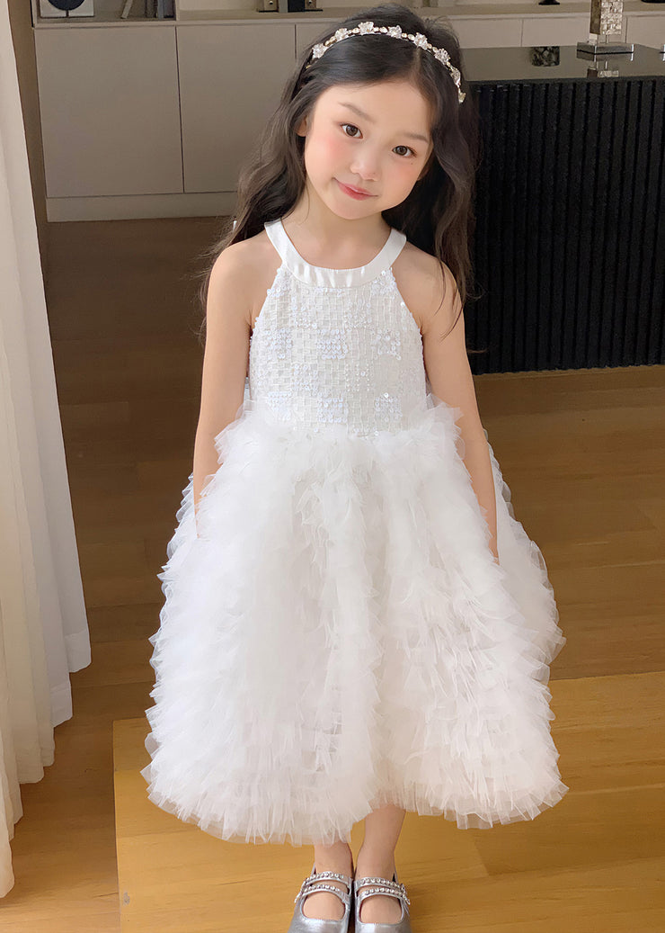 Lovely White Sequins Bow Patchwork Tulle Girls Princess Dresses Sleeveless