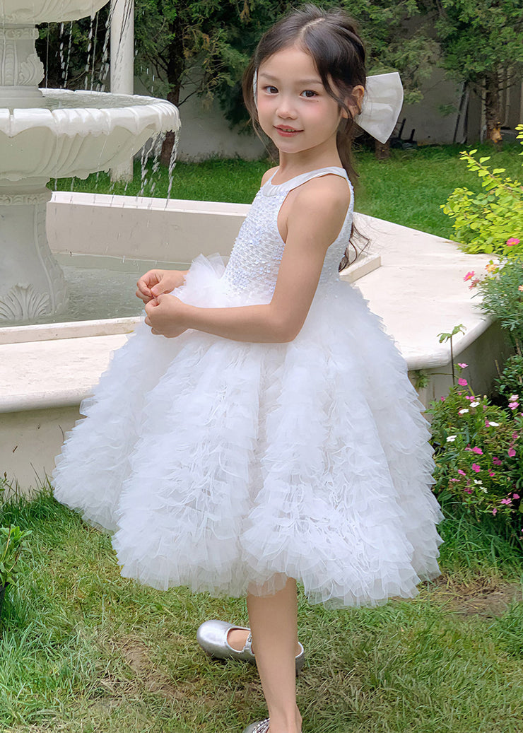 Lovely White Sequins Bow Patchwork Tulle Girls Princess Dresses Sleeveless