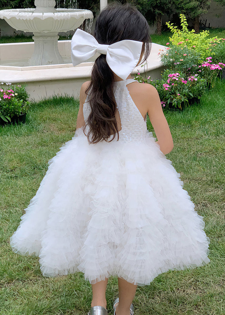 Lovely White Sequins Bow Patchwork Tulle Girls Princess Dresses Sleeveless