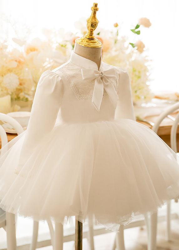 Lovely White Stand Collar Bow Tulle Kids Long Dresses Puff Sleeve