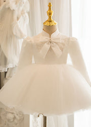 Lovely White Stand Collar Bow Tulle Kids Long Dresses Puff Sleeve