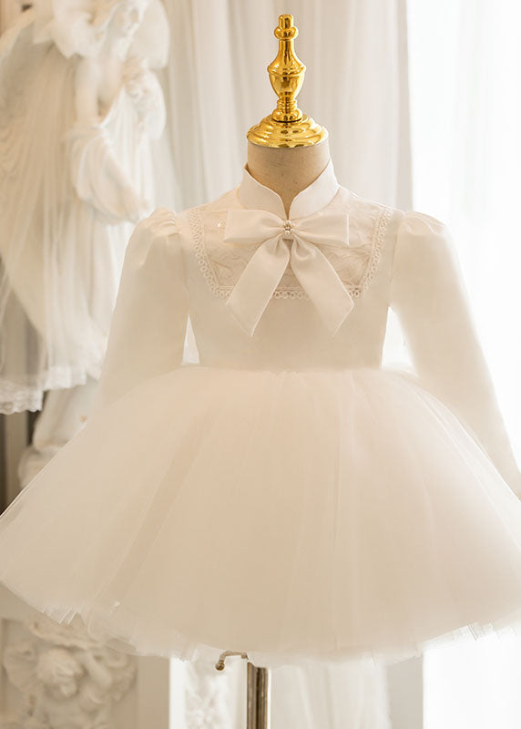 Lovely White Stand Collar Bow Tulle Kids Long Dresses Puff Sleeve